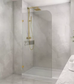 Frameless Single Shower Screen Panel With Curved Corner – Brushed Gold Fittings