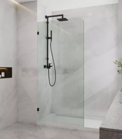 Frameless Single Shower Screen Panel With Curved Corner – Matt Black Fittings
