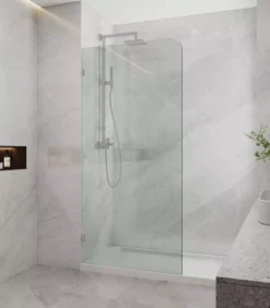 Frameless Single Shower Screen Panel With Curved Corner – Brushed Nickel Fittings