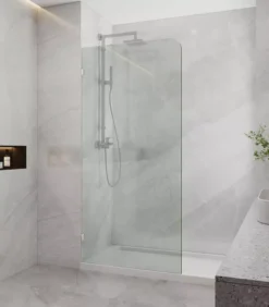 Frameless Single Shower Screen Panel With Curved Corner – Chrome Fittings