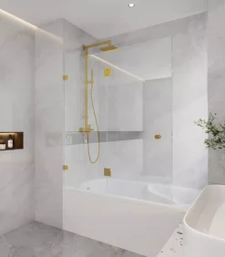 10mm Glass Fixed & Swing Panels Hinged Bath Screen – Brushed Gold
