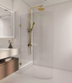 Brushed Gold Frameless Curved Edge Single Shower Screen Panel
