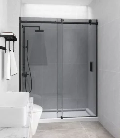 Grey Glass Matt Black Frameless Wall To Wall Shower Screen