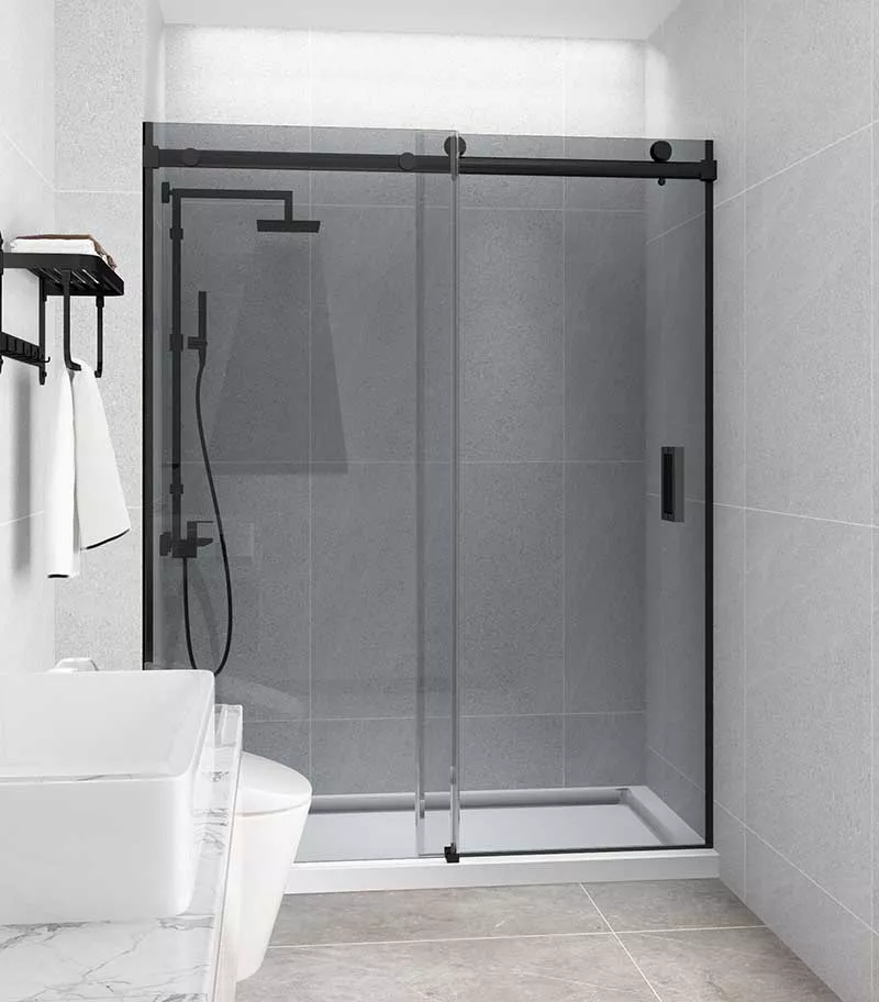 Grey Glass Matt Black Frameless Wall To Wall Shower Screen 3 Grey Glass Matt Black Frameless Wall To Wall Shower Screen