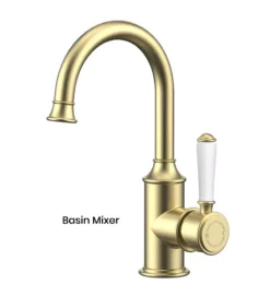 IKON Clasico Brushed Gold Ceramic Handle Gooseneck Basin Mixer